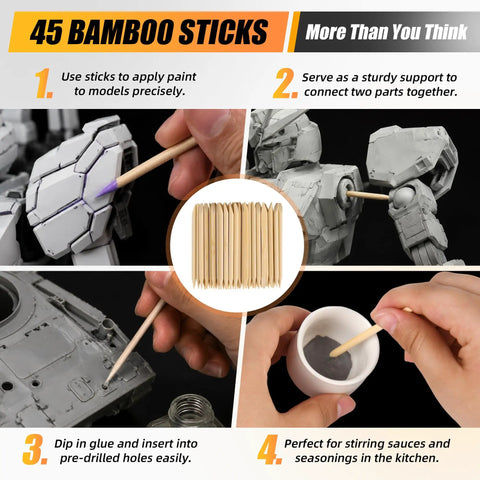 Total Game Changer Kit With Pin Vise And Ten Micro Bits And Hobby Knife And Sanding Sticks And Cleaning Cloth For Crushing Gunpla Miniature And Resin Projects That Look Totally Fresh: 45 bamboo sticks for precise painting and connecting model parts.