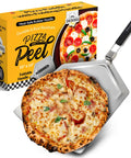 Extra Large Stainless Steel Pizza Peel With Folding Handle For Indoors Or Outdoors Ovens Dishwasher Safe Metal Pizza Paddle 13 Inch By 15 Inch Heavy Duty Pro Grade Oven Accessory For Easy Pie Lifts And Quick Cleanup, shown with boxed packaging and cooked pizza.