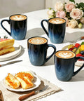14oz Ceramic Coffee Mugs Set Of 6 With Easy Grip Handle In Ice Snow Blue Glaze With Star Blue Accents And Gold Rim