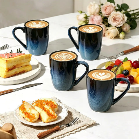 14oz Ceramic Coffee Mugs Set Of 6 With Easy Grip Handle In Ice Snow Blue Glaze With Star Blue Accents And Gold Rim