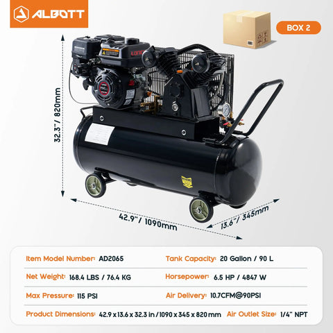 Albott 6.5HP Gas Air Compressor With 20 Gallon Portable Horizontal Tank, 115 PSI Max Pressure And Dual Air Outlets For Robust Performance And Extended Runtime On Any Job Site