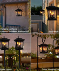 Outdoor Solar Lanterns Waterproof Hanging Lights for Garden Patio Lawn Pathway and Wall Flickering Ambience Durable IP65 Weatherproof No Wires Ideal Gift for Women and Home Decor Enthusiasts displayed in various settings with warm flickering lights