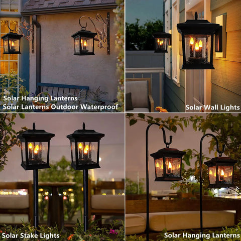 Outdoor Solar Lanterns Waterproof Hanging Lights for Garden Patio Lawn Pathway and Wall Flickering Ambience Durable IP65 Weatherproof No Wires Ideal Gift for Women and Home Decor Enthusiasts displayed in various settings with warm flickering lights