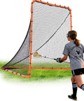 Girl practicing lacrosse with Foldable 6x6 Lacrosse Goal With Portable Steel Frame For Backyard Practice Quick Snap Lock Setup Easy Foldaway Design