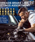 Mechanic using DIY Friendly Garage Grade Brake Line Fittings Kit For Three Sixteenth Inch Tubing With Three Eighths Inch Threads 24 Pieces