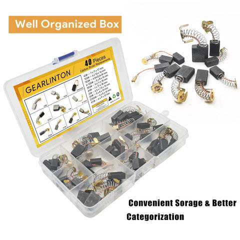 Carbon Brush Set For Power Tools 40 Pcs In 10 Sizes for angle grinders, hammer drills, circular saws in organized box