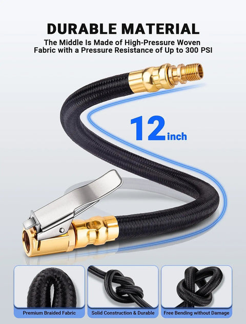 12 Inch Tire Inflator Extension Hose With Clip On Air Chuck Adapter for Cars Motorcycles and Bicycles, braided high-pressure design