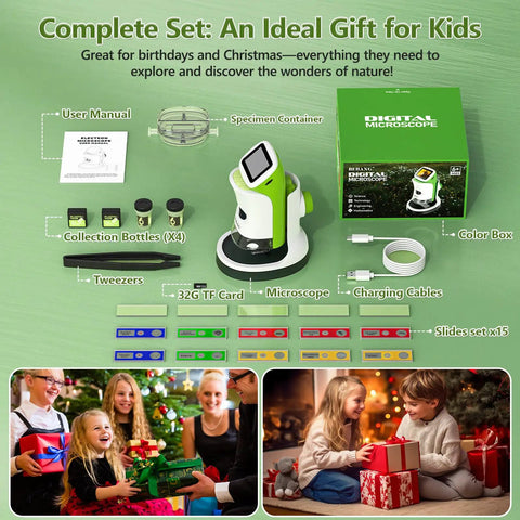 Handheld Digital Microscope With Screen 4K Clarity 1000X Magnification Kid Friendly Awesome STEM Science Kit Gift Toys For Curious Young Scientists Aged 5 And Up set with slides, cables, and box