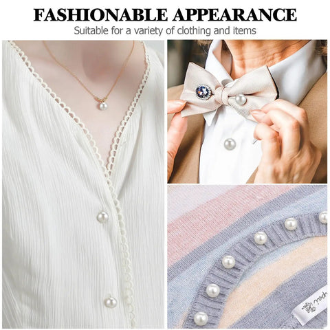 Pack Of 8 Pearl Cleavage Cover Safety Pins For Women Dress Making Styling No Sew Garment Fix Clips For Scarves Shawls Wedding Outfits display on various outfits.