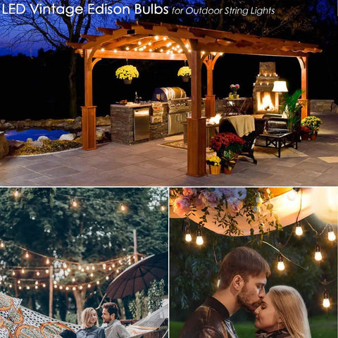 Outdoor settings with 15 Pack Shatterproof S14 LED Bulbs 1W Warm White 2200K For Outdoor String Lights E26 Base