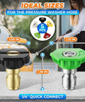 Front view of five 1/4-inch quick-connect pressure washer nozzle tips; brass-black head and green stainless steel head.