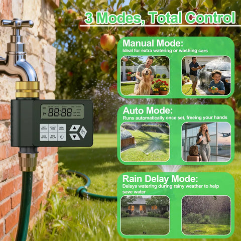 Garden Hose Faucet Water Timer With Brass Inlet For Outdoor Irrigation showing digital display and three watering modes