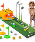 Child playing on Indoor Putting Green With Automatic Ball Return For Kids Plus Toddler Golf Clubs Light Up Balls Party Game