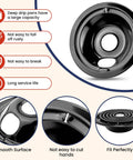 8 Piece Porcelain Drip Pans And Electric Stove Burner Replacement Set showing a large black drip pan and burner element.