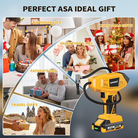 On The Go Tire Inflator With Auto Shut Off And 160 PSI promoted as an ideal gift for various occasions, showing multiple gift contexts.