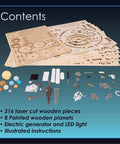 DIY Solar System Wood Puzzle Kit contents including 316 laser-cut wooden pieces, painted planets, LED components, 14-inch model accessories