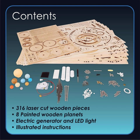 DIY Solar System Wood Puzzle Kit contents including 316 laser-cut wooden pieces, painted planets, LED components, 14-inch model accessories