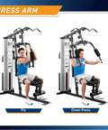 Multifunction Steel Home Gym System With 150 Pound Weight Stack For Full Body Strength Training showing fly and chest press exercises