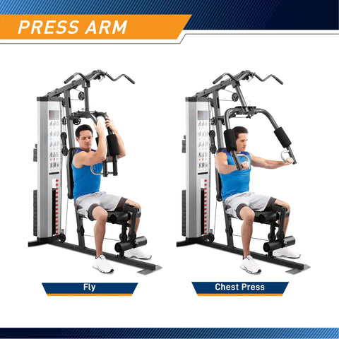 Multifunction Steel Home Gym System With 150 Pound Weight Stack For Full Body Strength Training showing fly and chest press exercises