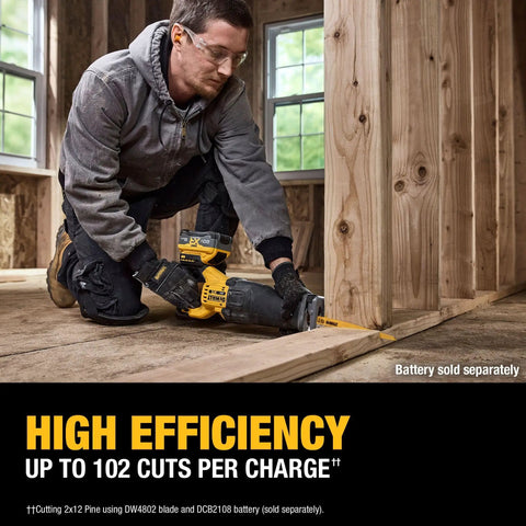 Worker using Fast Cutting 20V Max XR Brushless Cordless Reciprocating Saw Tool Only With 1-1/8 Inch Stroke on wooden beams.