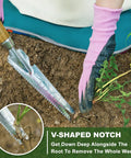 Close-up of 5 In 1 Garden Weed Trowel With Serrated Edges And Measuring Scale Stainless Steel Multi Tool removing dandelion