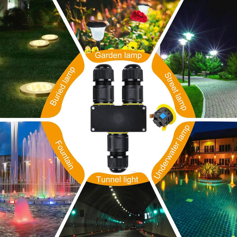 Y Shape 3 Way IP68 Waterproof Junction Box With Quick Release Cable Connector And M20 Glands UL ETL CE Certified Flame Retardant PC PA66 Space Saving Design For Landscape Lighting Fits 4 12mm Cables Black, for garden lights