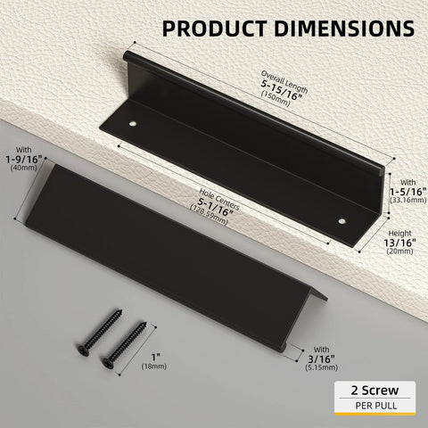 Product dimensions and details of 20 Pack Black Cabinet Pulls Five Inch Edge Finger Pulls Aluminum Alloy Hardware for dresser and drawer handles.