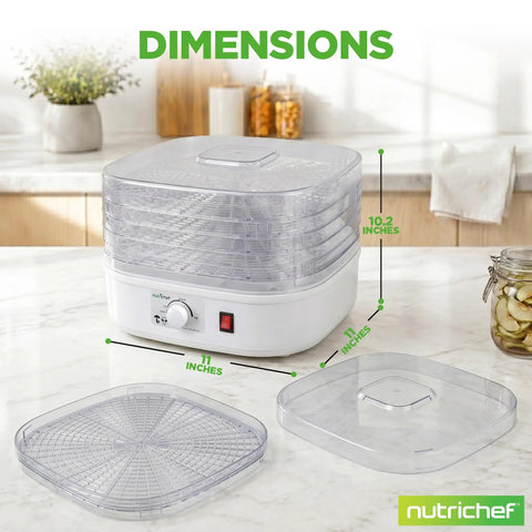 Five Tray Electric Food Dehydrator With Pro Airflow Circulation For Making Beef Jerky Dried Fruit And Homemade Dog Treats No Sweat Cleanup Countertop Build Great For Go Big On Healthy Snacks dimensions shown at 11x11 inches and 10.2 inches height.
