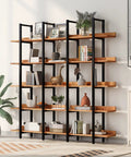 Five Tier Industrial Bookcase With Black Metal Frame And Brown MDF Shelves, Space Saving Storage Organizer for decor and books