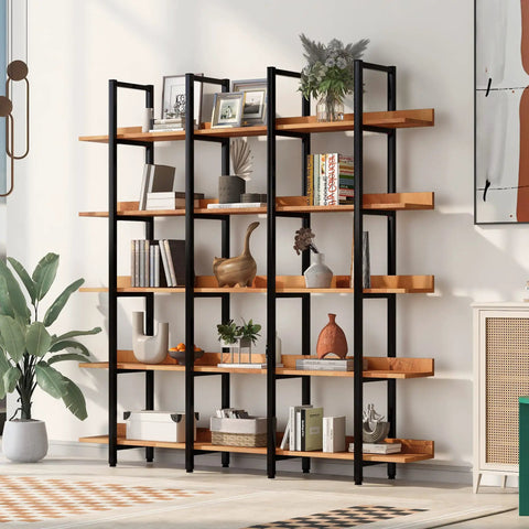 Five Tier Industrial Bookcase With Black Metal Frame And Brown MDF Shelves, Space Saving Storage Organizer for decor and books