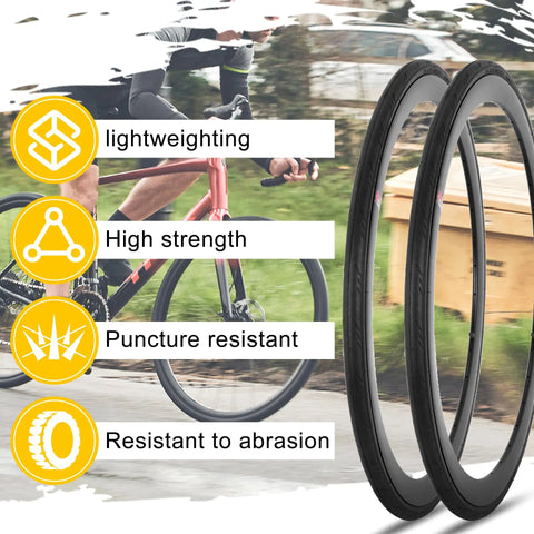 2 Pack 700x25c Road Bike Tire With Inner Tube And Levers, highlighting features like lightweight, puncture resistance, and durability.