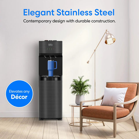 Self Cleaning Bottom Loading Water Cooler Dispenser In Black Stainless Steel With Three Temperature Settings Hot Room And Cold Water