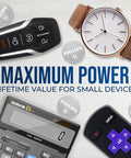 CR2450 Battery 5 Pack 3V Lithium Coin Cell Replacement Featuring Hella Rock Solid Power And Ten Year Shelf Life For Car Key Fobs Remote Controls And Medical Devices, alongside a calculator, watch, and remote.
