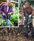 Universal Trimmer Shoulder Strap Harness for Weed Whackers and Leaf Blowers worn by men, showing adjustable durability