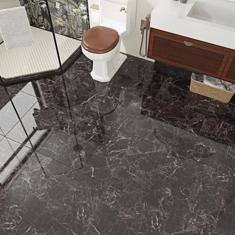 Brown Marble Vinyl Floor Tile 12x12 Inch Peel And Stick Self Adhesive Flooring For Kitchen Bathroom Bedroom And Laundry Room Waterproof Glossy Granite Look 20 Tiles Per Box Covering 20 Sq Ft Easy Install For Renters And DIY Makeover in a bathroom setting.