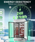 40 Inch Reach In Commercial Refrigerator 35 Cubic Feet Stainless Steel Upright Fridge Double Door with energy efficiency stats displayed.