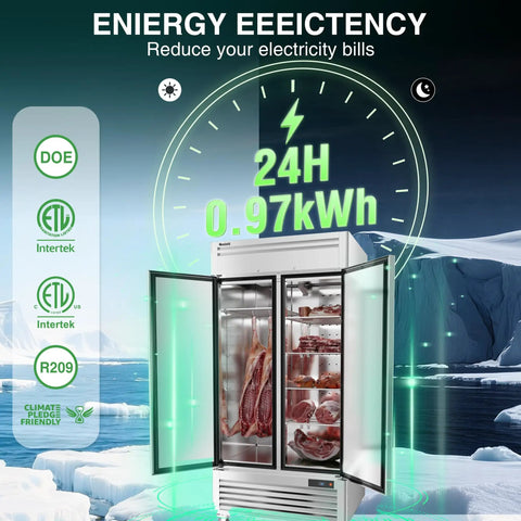 40 Inch Reach In Commercial Refrigerator 35 Cubic Feet Stainless Steel Upright Fridge Double Door with energy efficiency stats displayed.