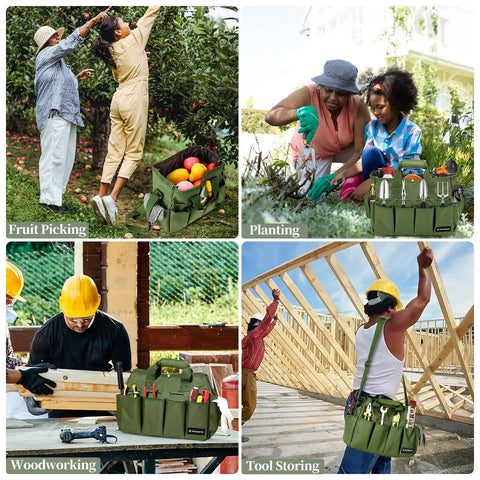 Heavy Duty Garden Tool Tote Bag With Stand Up Bottom And Built In PE Foam 900D Tool Organizer displayed in various uses