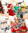Foldable Camera Drone For Kids Beginners With Remote Control 1080P HD FPV Drone Two Batteries One Key Start And Landing Altitude Hold Gesture Selfie Easy Safe Flight For Boys And Girls Black shown flying indoors near decorated Christmas tree.