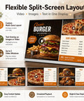 Sleek Digital Menu Board Delivers Eye Catching Multicolor Graphics With Low Power Draw Well Under Forty Watts displays burger and menu items.