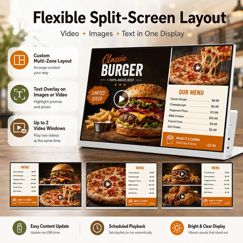 Sleek Digital Menu Board Delivers Eye Catching Multicolor Graphics With Low Power Draw Well Under Forty Watts displays burger and menu items.
