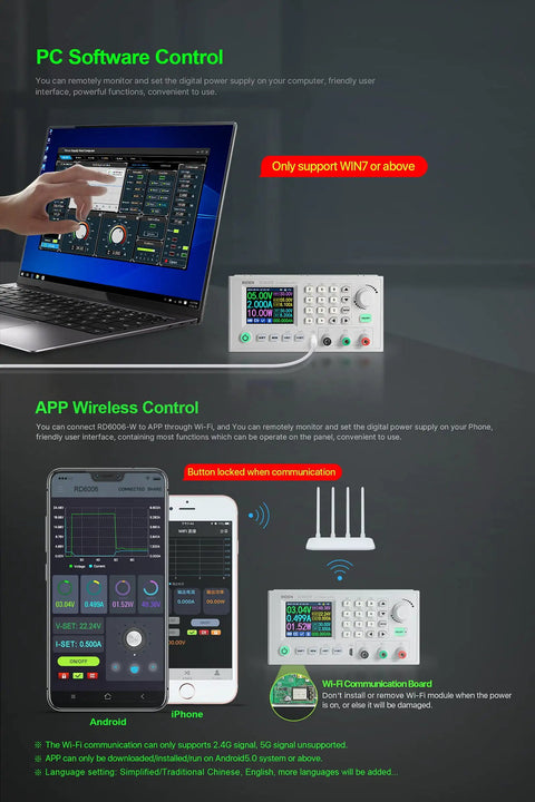 6006 60V 6A DC DC Step Down Power Supply Kit controls with PC and mobile app interface, D6006 case in use.