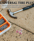 RoadReady HeavyDuty Rubber Tire Repair Plugs QuickFix Kit With BuiltIn Screwdriver Universal Puncture Seal NoSweat Emergency Rescue For Rv Truck Suv OffRoad RoadTrip Gear 80 Piece Bundle featuring tire plugs and tools on a work surface.