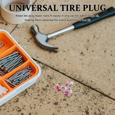 RoadReady HeavyDuty Rubber Tire Repair Plugs QuickFix Kit With BuiltIn Screwdriver Universal Puncture Seal NoSweat Emergency Rescue For Rv Truck Suv OffRoad RoadTrip Gear 80 Piece Bundle featuring tire plugs and tools on a work surface.