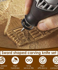 Close-up of a rotary tool with 24 Piece Wood Carving Drill Bits Set For Rotary Tools Engraving Kit With 3mm Shank Pro Grade Corundum Bits.