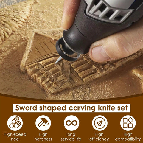 Close-up of a rotary tool with 24 Piece Wood Carving Drill Bits Set For Rotary Tools Engraving Kit With 3mm Shank Pro Grade Corundum Bits.