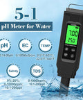 5 In 1 TDS Meter Salinity Tester EC Meter Temperature And pH Meter For Water Digital Water Tester displayed on water background