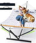 Double Hammock With Stand For Two People To Chill Heavy Duty Outdoor Hammock Supports Up To 500 Lbs Steel Frame With Balance Straps Easy Tool Free Assembly For Patio Garden Backyard And Beach White Grey
