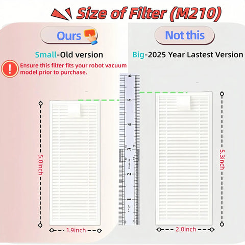 Comparison of Replacement Side Brush And HEPA Filter Kit For M210 Series Robotic Vacuums with size measurement
