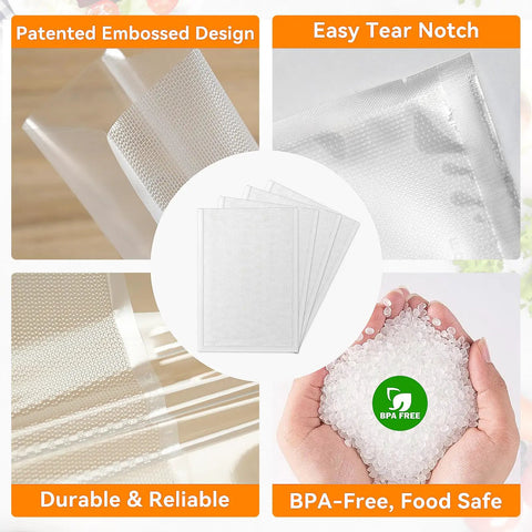 Quart Vacuum Sealer Bags For Food 8 by 12 Inches 50 Count BPA Free with embossed design, easy tear notch, and BPA-free material